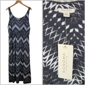 New Sonoma size XL Dress Maxi Boho Ikat Geometric Black Blouson Stretch NWT